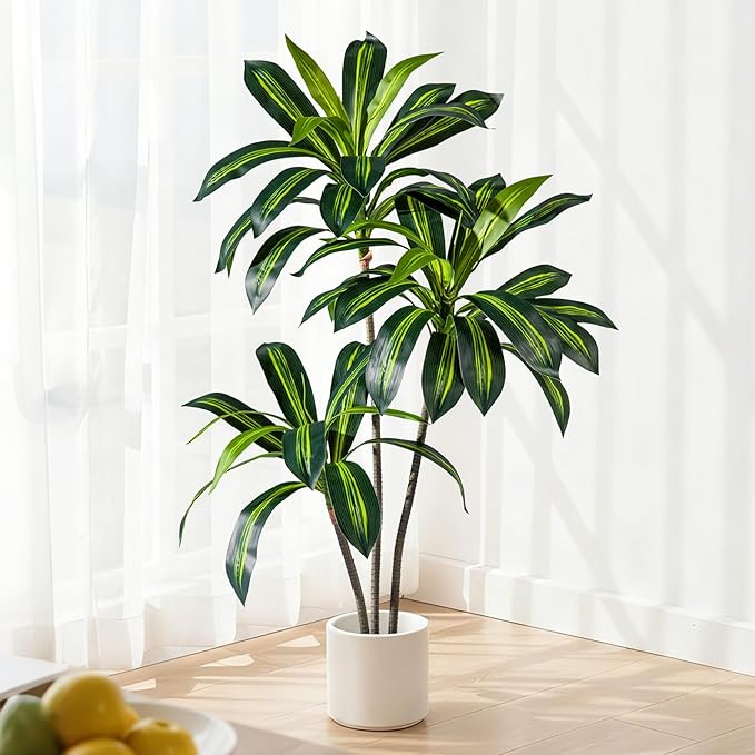 Artificial Dracaena Plant 4FT - Realistic Fake Dracaena Tree Tall Large Faux Silk Plants Fake Floor Potted Artificial Plants for Home Decor, Office Plants