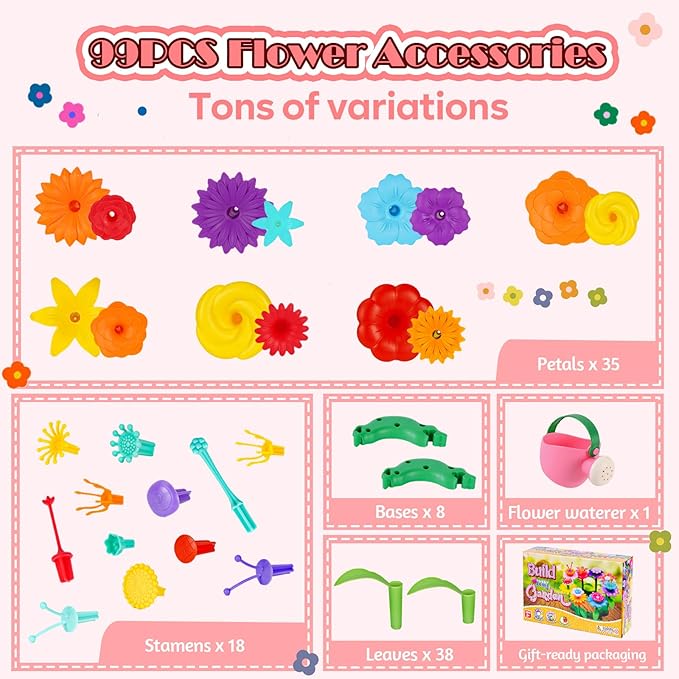 FUNZBO 99pcs Flower Garden Building Toys Set -Christmas Spring Toys for 3 4 5 6 7 8 9 Years Old Girls, STEM Montessori Educational Toys for Toddlers Kids,Sorting & Stacking Toy for Birthday Gifts