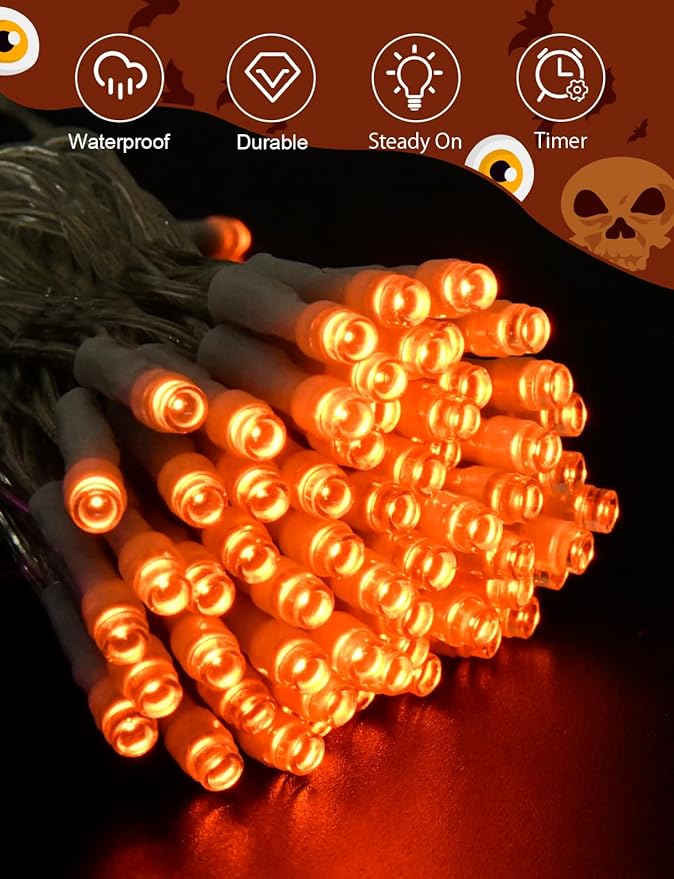 Halloween String Lights Battery Operated With Timer - 9.8ft 30LED Orange Waterproof Lights for Outside Decorations, Party, Yard, Pathway, Indoor and Outdoor