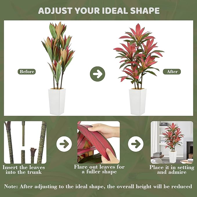 Roselywed Artificial Red Dracaena Tree 5FT with 90 Leaves & 6 Heads & White Tall Planter Cover with Coconut Fiber Tall Faux Tropical Silk Bicolor Plant 60 Inch for Indoor Home Office Porch Mall Decor