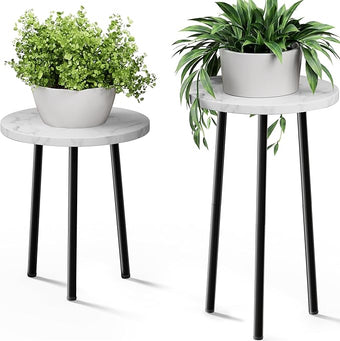 Plant Stand Indoor Tall: Corner Wood Plant Stand 2 Pack Mid Century Modern Decor - Small Round Plant Table for Indoor Plants - Outdoor Plant Holder for Patio Living Room Bathroom Office (White Marble)