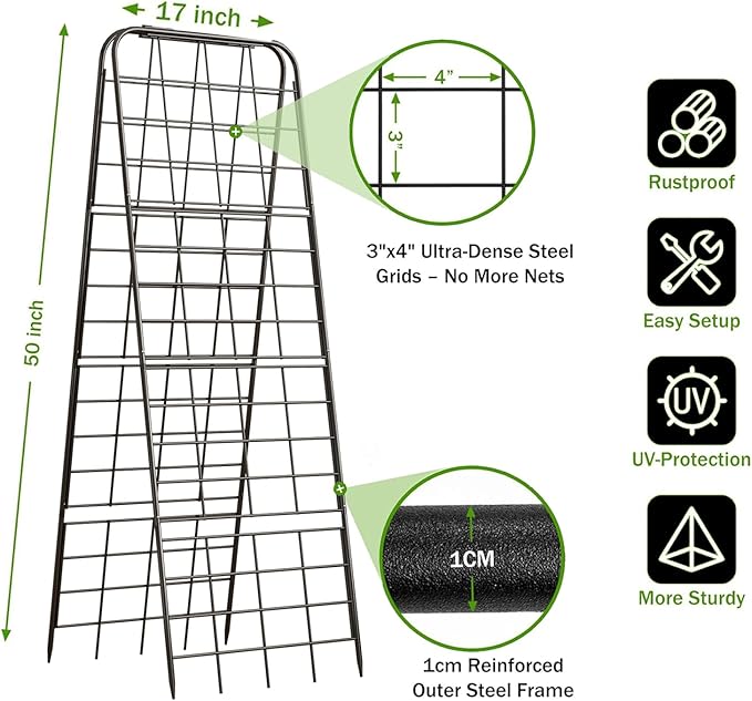 Heavy Duty 50"x17" Adjustable A-Frame Trellis for Climbing Plants – Rust-Proof Metal Garden Trellis with Dense Grid Design, Perfect for Raised Beds, Tomatoes, Cucumbers & Outdoor Vines (Black, 2 Pcs)