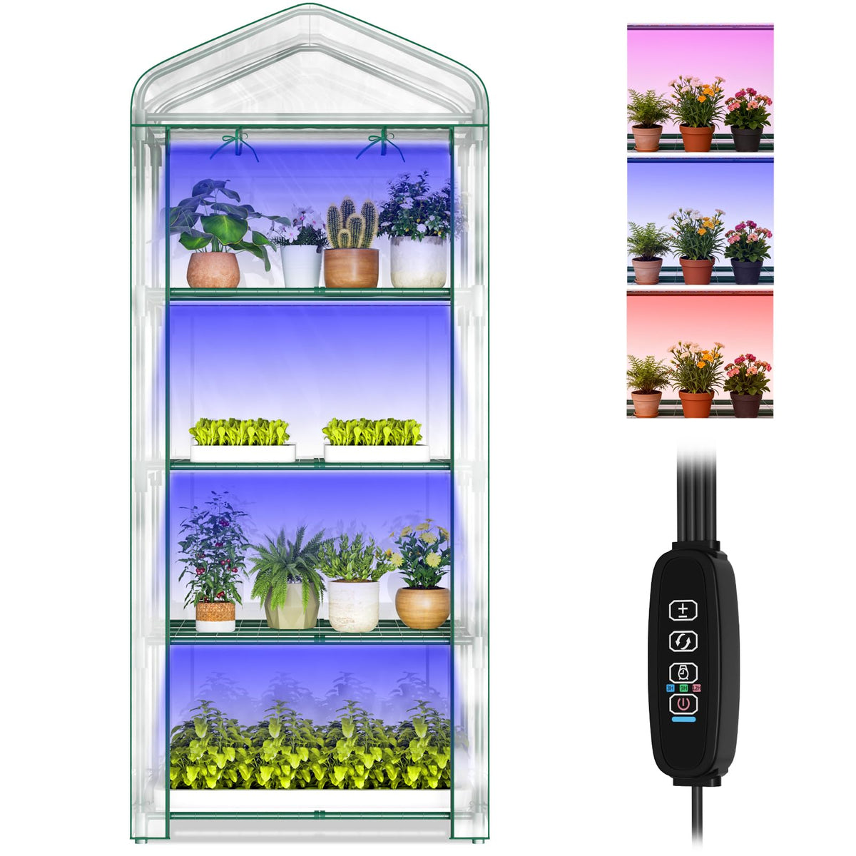 DoCred Indoor Greenhouse with Grow Lights, 4-Tier Mini Greenhouse PVC Cover