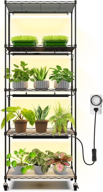 Barrina CX91 5-Tier Plant Stand with Grow Lights for Indoor Plants, Metal Plant Shelf Display Rack with 1.6FT 25W(Per Light) Full Spectrum Plant Lights for Indoor, Balcony, Living Room, 23.6x13.8x59IN