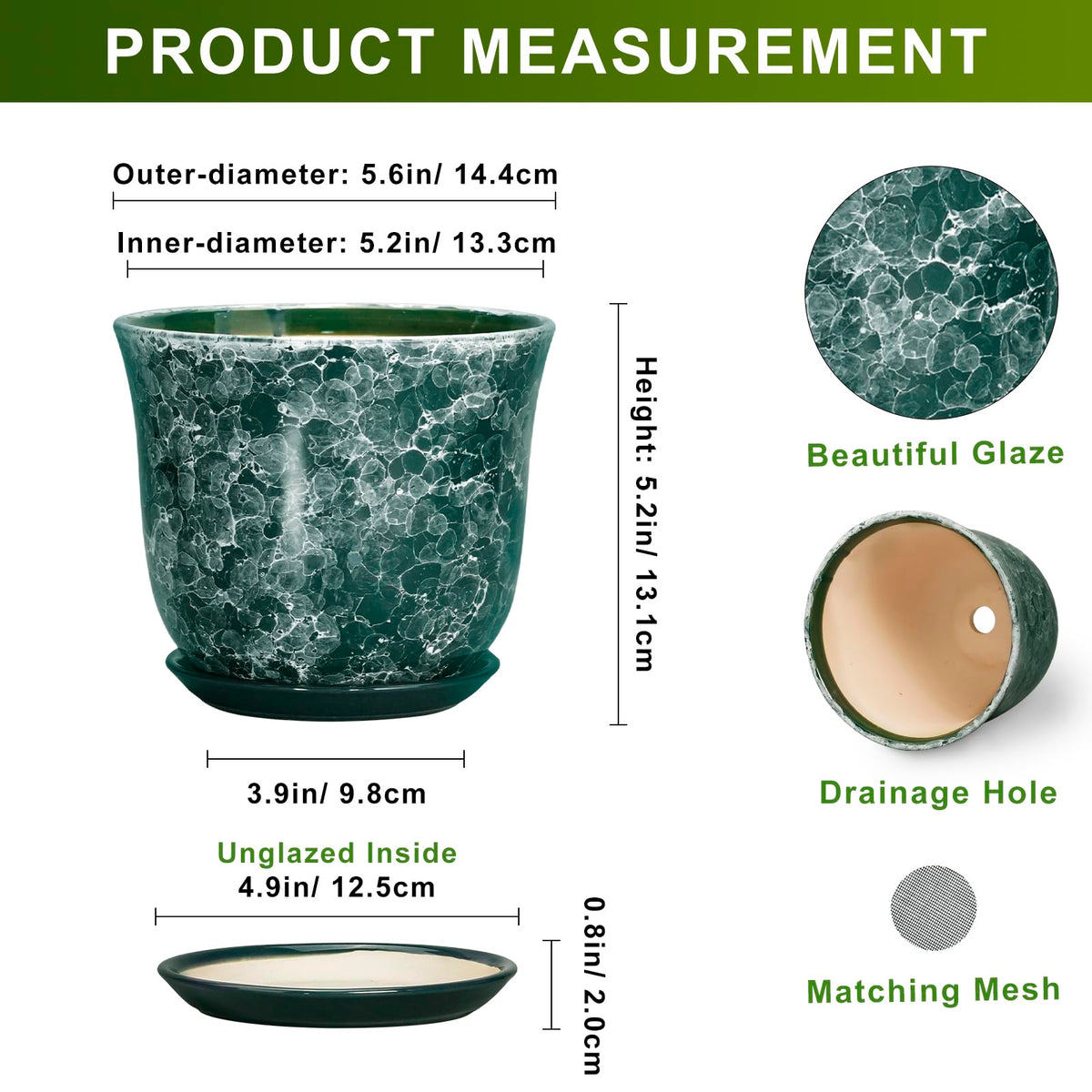 SUNPOTFOR Ceramic Pots for Plants, 5.6 Inch Planter Indoor, Green