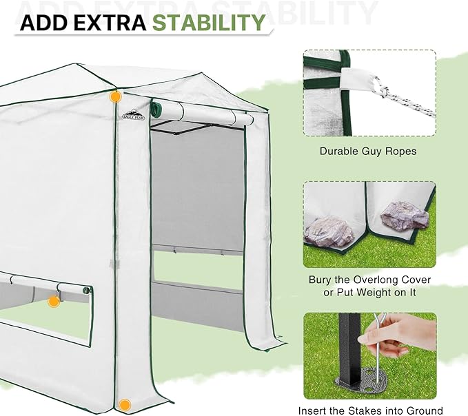 EAGLE PEAK Instant Pop-up Greenhouse, Indoor Outdoor Plant Gardening Green House, Roll-Up Zipper Doors and Side Windows, Heavy Duty Walk in 8x6 ft, Woven PE Top, White