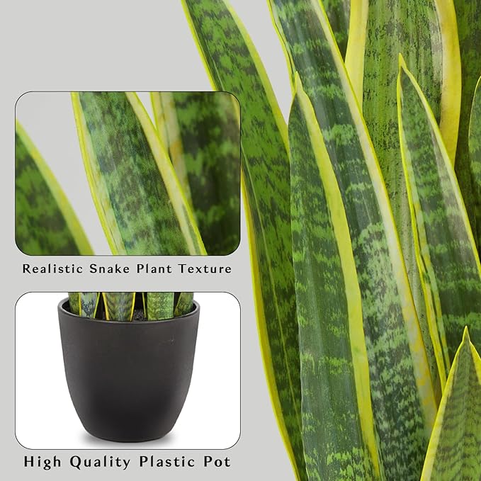 Hollyone Artificial Snake Plant Potted, 28 Inch Faux Sansevieria Trifasciata Plants Large Tall Tropical Fake Snake Plants Tree in Black Pots for Home Office Room Patio Garden Indoor Outdoor Decor