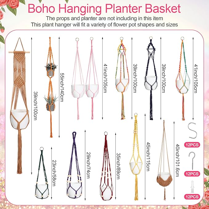Hoteam 12 Pcs Macrame Plant Hangers Macrame Hanging Planters for Indoor Plants Handmade Boho Hanging Baskets Flower Pots Holder for Outdoor Home Wall Decor