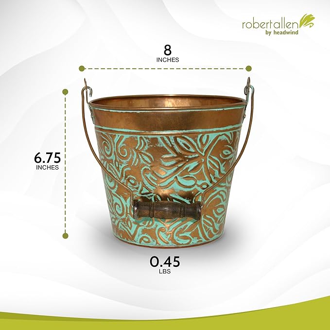 Headwind Vintage Collection - Floral Vintage Copper Planter with Handles – 8 Inch Medium Flower Pots Decorative Plant Indoor – Plant Pots Indoor with Drainage by Robert Allen