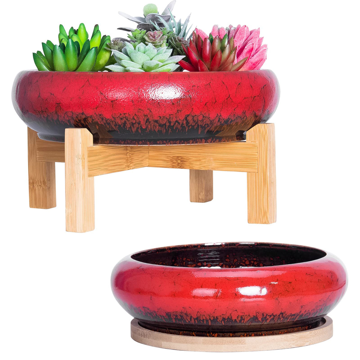 ARTKETTY Succulent Pots with Drainage Trays Set of 2, Ceramic Planters