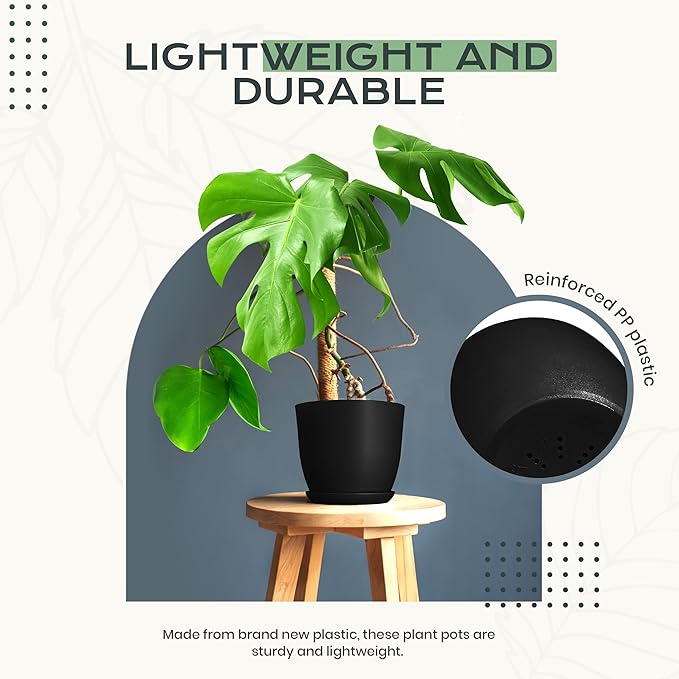 Utopia Home - Plant Pots Indoor with Drainage - 7/6.6/6/5.3/4.8 Inches Home Decor Flower Pots - Pack of 10 Plastic Planters for Indoor Plants, Cactus, Succulents Pot - Black