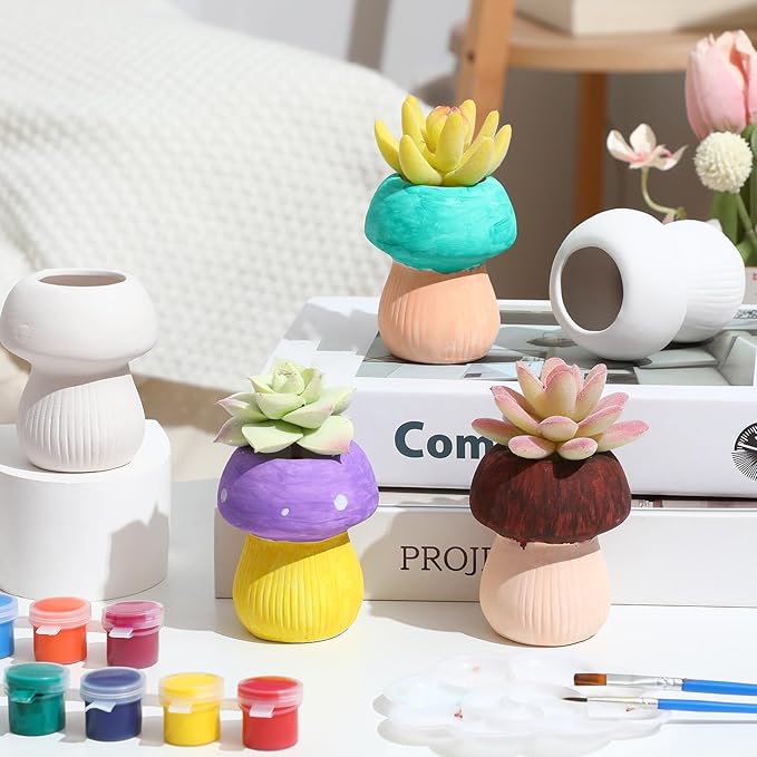 Pasimy 6 Set Ceramics to Paint DIY Ceramic Succulent Planter Pots Paint Your Own Flower Pots Craft Kit Unpainted Bisque Flowerpot with Brush Palette for Family Activity Holiday Gifts(Mushroom)