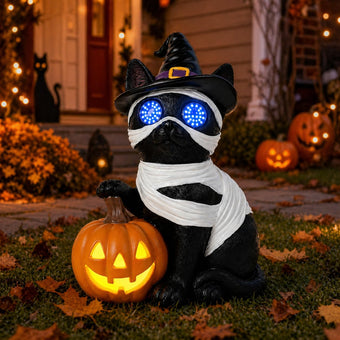 Dawbun Halloween Cat Decorations Outdoor Solar Lights Black Cat Decor for Garden Porch Yard Patio Entryway Animal for Cat Lovers Mummy Cat with Pumpkin LED Eyes Resin Statue 11.1 in