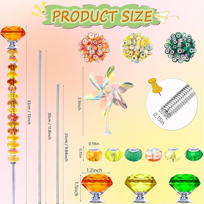 148 PCS Beaded Garden Stakes Kit, DIY Fairy Wand Garden Stake Beads Kits with Assortment Large Hole Beads 6 Crystal Stopper Top Threaded Rods and 3 Colored Small Windmills for Outdoor Indoor Decor