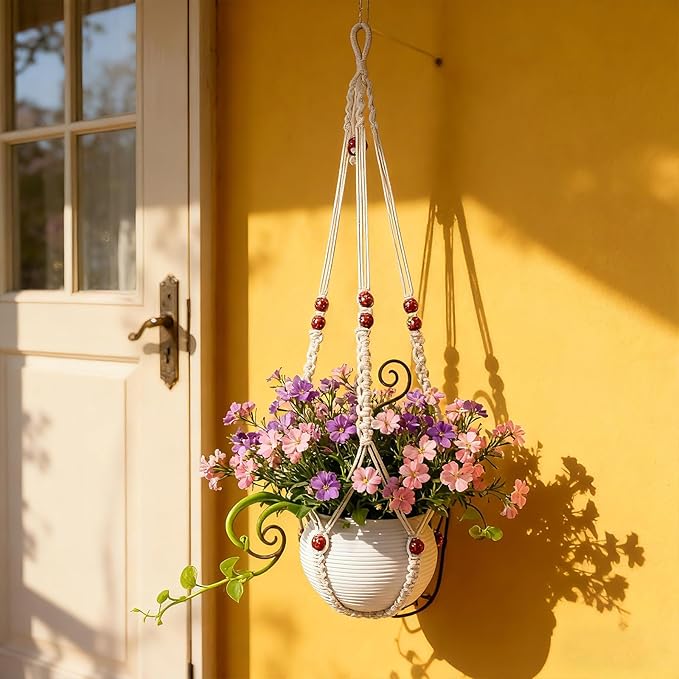 HOREAKHJ 35 Inch Macrame Plant Hanger, Large for up to 15 Inch Pot Extra Long Hanging Planter Holder Basket with Wood Beads for Indoor Outdoor Home Decor (Ivory, 1-Pack)