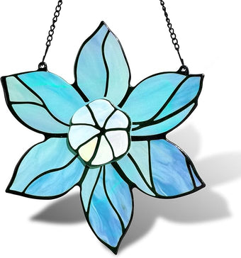 DASTOLL Stained Glass Window Hanging - Blue Christmas Flower Suncatcher for Doors Garden Kitchen Floral Sun Catchers Home Decor Birthday Holiday for Women Aunt Mom Nana Gardener