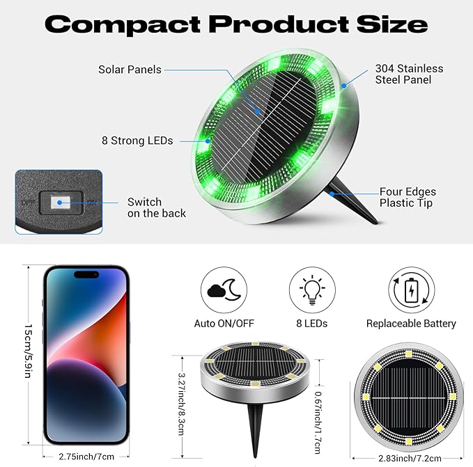 Peasur Mini Solar Ground Lights Outdoor, 8 Pack Flat Solar Powered Disc Lights, IP68 Waterproof, Anti-Rust, Landscape Lighting for Pathway Garden Yard Lawn Walkway Landscape Driveway, Green