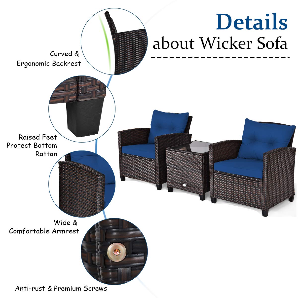 Tangkula 3 Pieces Patio Furniture Set, PE Rattan Wicker 3 Pcs Outdoor Sofa Set w/Washable Cushion and Tempered Glass Tabletop, Conversation Furniture for Garden Poolside Balcony (Blue)