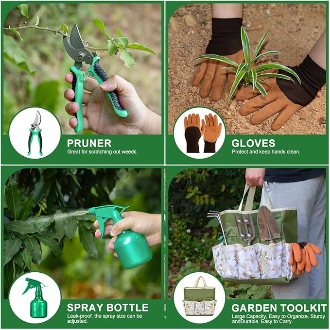 9-Piece Premium Gardening Tool Set for Women - Heavy Duty Stainless Steel Rust-Proof Tools with Fashion Storage Tote | Perfect Gardening Gifts for Mom, Mother's Day, Birthday & Outdoor (Green)