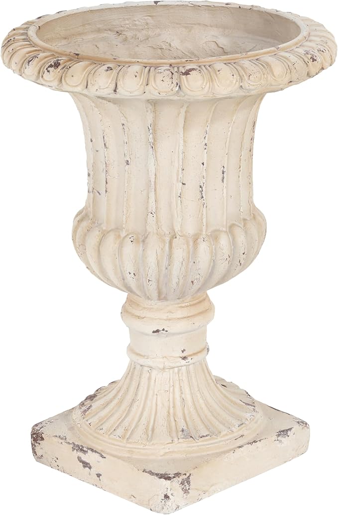 Christopher Knight Home Danny Patio Planter, Light Concrete Planter, Mid-Century Modern Urn, Floral Statue Design, Large Garden Pot, Flower Urn with Drainage Hole for Backyard Home, Antique White