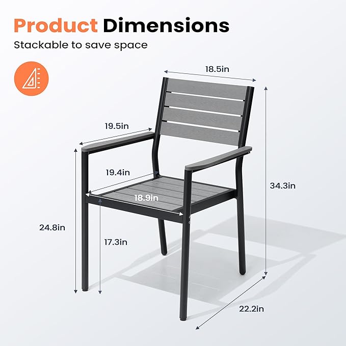 Pellebant Stackable Outdoor Dining Chairs Set of 4, Aluminum Patio Chairs with Arms, All-Weather for Garden, Lawn, Deck, Porch and Yard, Grey