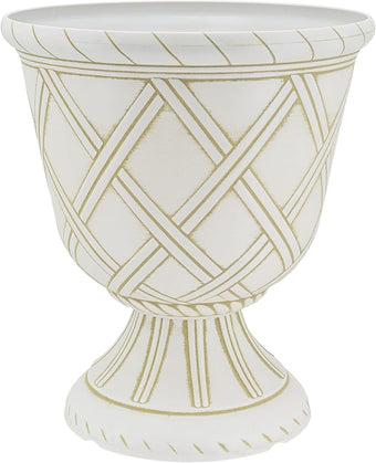 Arcadia Garden Products PL61BG Lattice Plastic Garden Urn, Classic Decorative Garden Pot Planter for Indoor and Outdoor Plants, Beige
