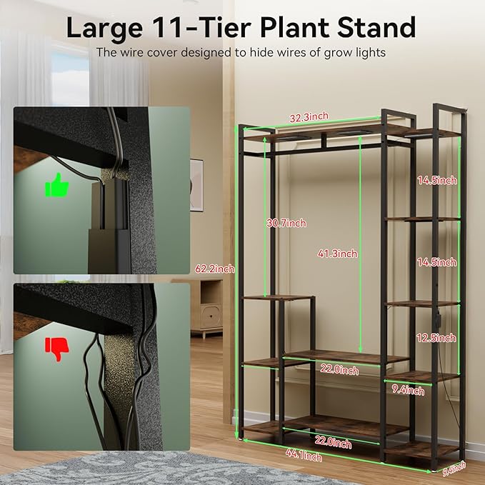 Plant Stand Indoor with Grow Lights 11 Tiered Wood Indoor Plant Shelf 62" Tall Plant Stand Metal Frame for Indoor Plants Multiple Flower Pot Holder, Large Plant Rack for Living Room Patio Corner