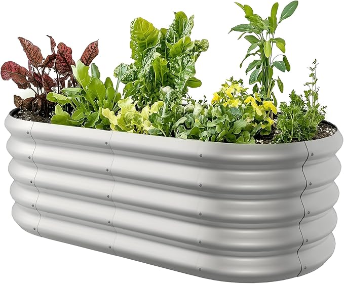 4x2ft Oval Galvanized Raised Garden Bed Kits 16" Tall Outdoor Large Metal Modular Planter Box 9-in-1 Raised Beds for Gardening,Vegetables,Fruits,Flowers & Herbs (Silver)