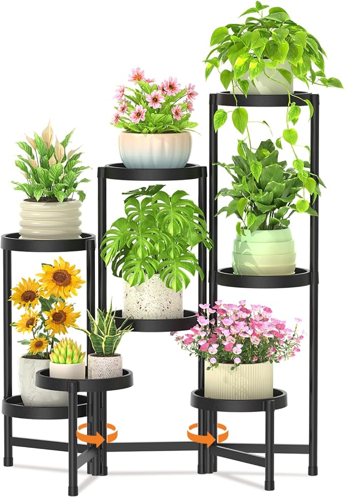 LASZOLA 8 Tiered Folding Plant Stand Indoor for Multiple Large Planter, Tall Heavy Duty Adjustable Rack with Rust Proof Plastic Shelving, Sturdy Vertical Tree Organizer for Narrow Inside Floor, Black
