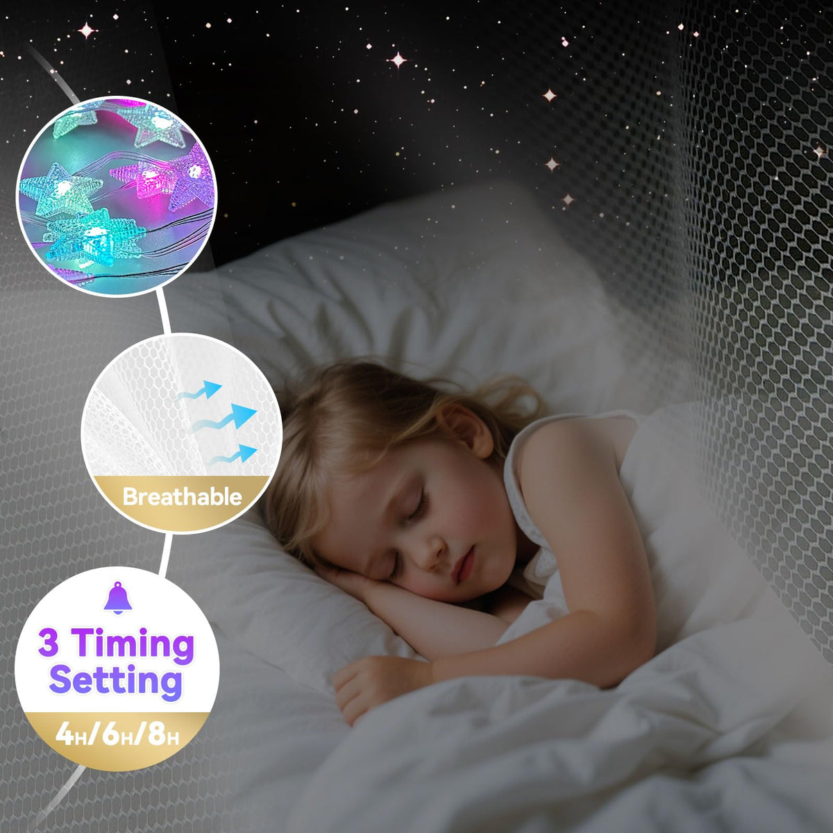 Obrecis Bed Canopy with LED Star Lights, Princess Canopy Bed Curtain
