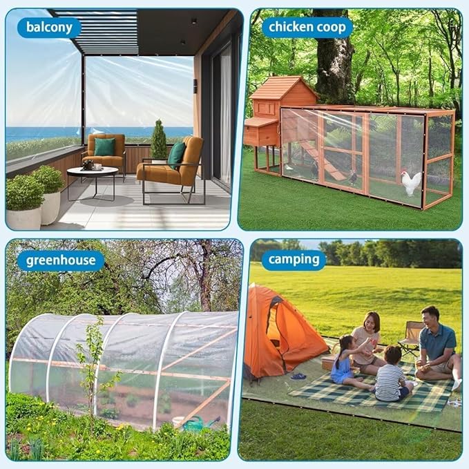Clear Tarps with Grommets12x12ft,Heavy Duty Waterproof Tarp Cover,Transparent PVC Vinyl Tarpaulin for Outdoor,Plant,Garden,Chicken Coop,Patio,cat Litter