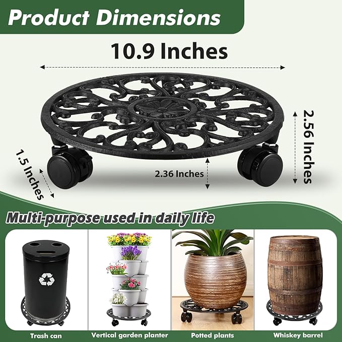 11 Inch Rolling Plant Stand with Wheels Wrought Iron Rolling Plant Stand with Casters Heavy Duty for Indoor Plants Rollers with Plant Saucers, Metal Round Plant Dolly 1 Pack