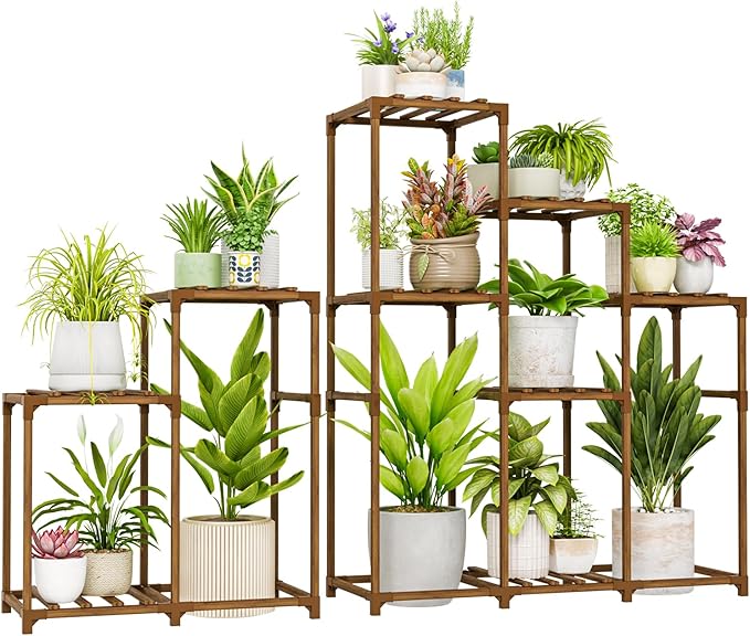 Bamworld 2 Sets Plant Stands Indoor Tall Shelves Outdoor for Multiple Flowers 10 Pots Wooden Rack for Living Room Balcony Garden