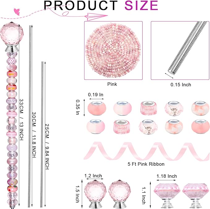 119 Pcs Garden Stake DIY Fairy Wand Plant Stake with Pink Large Hole Beads Crystal Diamond Stopper Top 4 Stainless Steel Threaded Rod Beaded Garden Stakes for Outdoor Indoor Yard Patio Decorations