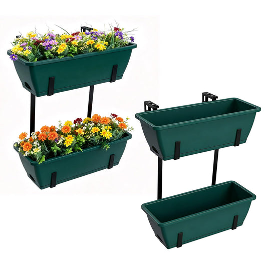 4 Pcs Hanging Flower Pots, 16.9 Inches Railing Planter Box, Green