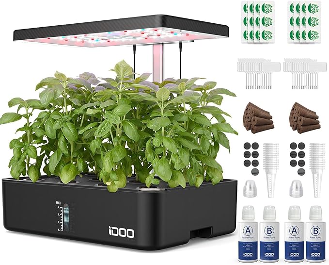iDOO Hydroponics Growing System Kit 12Pods, Christmas Gifts for Women Mom, Herb Garden Indoor with LED Grow Light for Home, Built-in Fan, Auto-Timer, Adjustable Height Up to 11.3", 12Pods Kit-Black