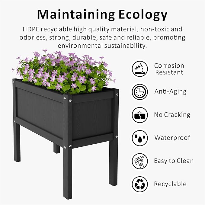 Raised Garden Bed with Drainage Hole Waterproof HDPE Elevated Planter Box with Legs Stable and Durable to Plant Herb Vegetable Flower,Patio,Balcony Outdoors/Indoors Black