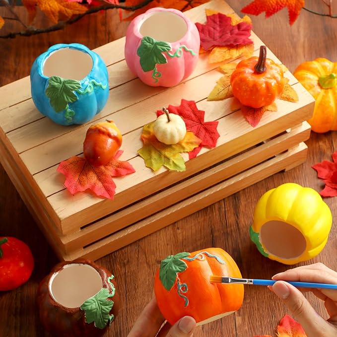 Pasimy 6 Set Ceramics to Paint DIY Ceramic Succulent Planter Pots Paint Your Own Flower Pots Craft Kit Unpainted Bisque Flowerpot with Brush Palette for Family Activity Holiday Gifts(Pumpkin)