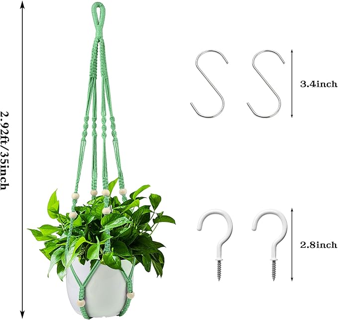 Augshy Macrame Plant Hangers Green Hanging Planters for Indoor Outdoor Home Decor, Hanging Plant Holder No Tassels Set of 2 with 4 Hooks