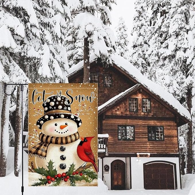 Let It Snow Snowman Garden Flag Double Sided 12x18 Inch Burlap Winter Outdoor Yard Decoration with Cardinal Bird and Holly Christmas Holiday Decor