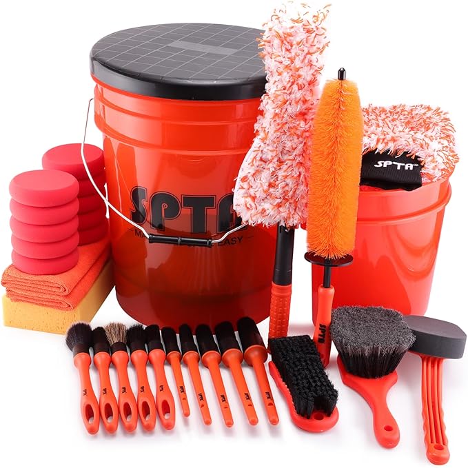 SPTA 33Pcs Car Wash Bucket Set, 20L Scratch Free Detailing Bucket with Car Wash Filter Wash Mitt Sponge Towels Tire Detailing Brush Set, Exterior Interior Car Detailing Set, Complete Car Care Tools