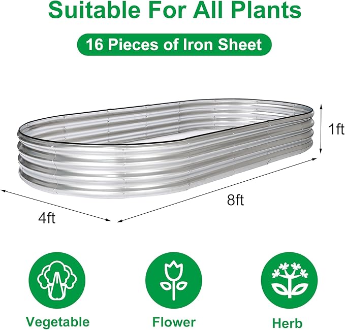 JERIA 2 Pcs 8×4×1ft Oval Raised Garden Bed,Galvanized Raised Garden Bed Kit Outdoor Metal Gardening Planter Box for Vegetable, Fruits, Flower，Herbs