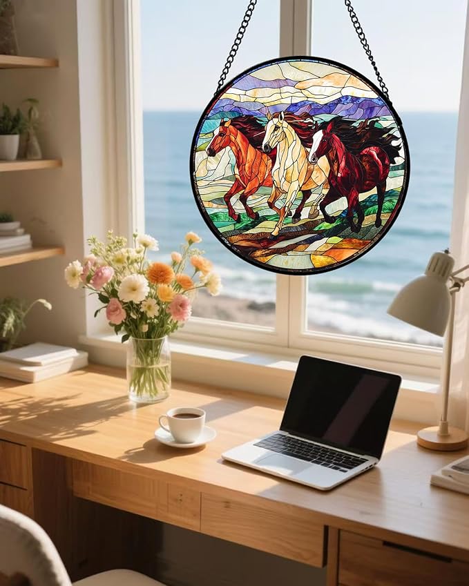 AMDERVEN Stained Glass Window Hanging, Galloping Horses Sun Catcher for Door Home Decor Colorful Suncatcher Christmas Mother's Day Birthday Gifts for Women Men Mom and Nana 7.8 in