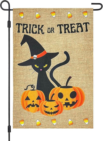 Halloween Trick Or Treat Black Cat and Pumpkins Burlap Garden Flag, Double Sided 12×18 Inch Halloween Jack-O-Lantern, Outside Small Yard Outdoor Flags Porch Lawn Yarde Decoration
