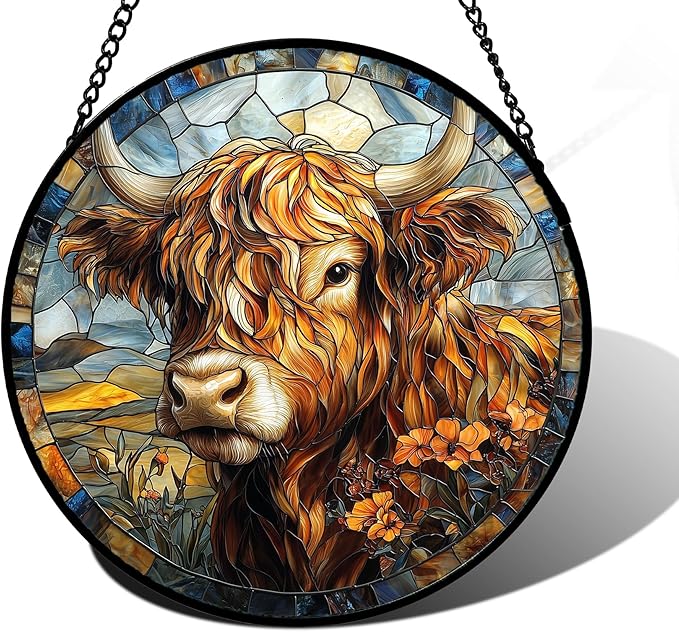 Stained Glass Window Hanging - Funny Cow Flower Suncatcher Ready to Hang Window Doors Home Decoration and Christmas, Mother's Day Birthday Gifts for Women, Men, and Mom 9.8x9.8 in