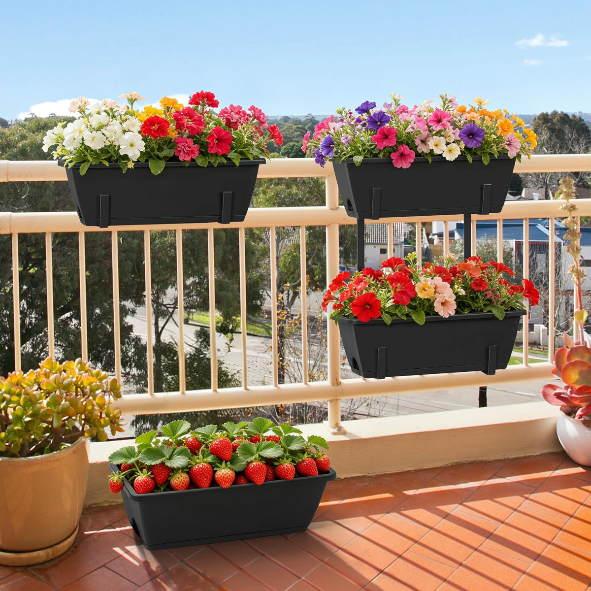 2 Tier Railing Planter Box Set of 2, 4 Pack Black Window Boxes Planters