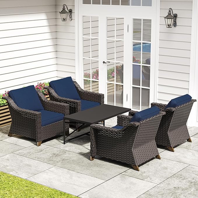 5 Pieces Outdoor Conversation Furniture Set - 4 PE Rattan Armchairs, 1 Metal Coffee Table, Patio Wicker Furniture Set with Water-Resistant Cushions for Swimming Pool, Sunroom (Navy Blue)
