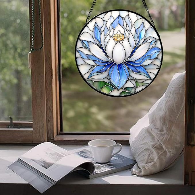 HWRHTR Stained Glass Window Hanging - Blue and White Lotus Petal Suncatcher for Doors Window Home Sun Catchers Decor Christmas Mother's Day July Birthday Gifts for Teacher Women Men Mom Nana 14.9 in