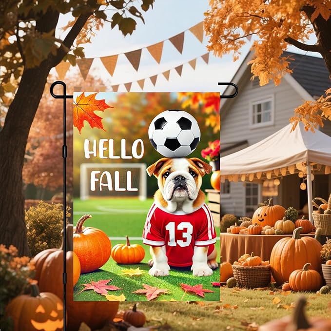 Hello Fall Garden Flag Bulldog Soccer Ball Pumpkins Autumn Leaves Outdoor Decor Flag 12x18 Inch Double Sided Garden Flag For Front Porch Lawn Patio Seasonal Home Decoration For Outside