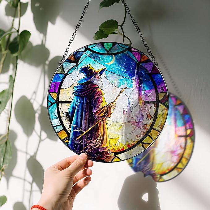 Stained Glass Window Hanging, LAOWEIKI 8'' Witch Suncatcher, Stained Glass Ornament, Suncatchers for Windows Hanging, Window Decor, Outdoor or Indoor, Gifts for Friends